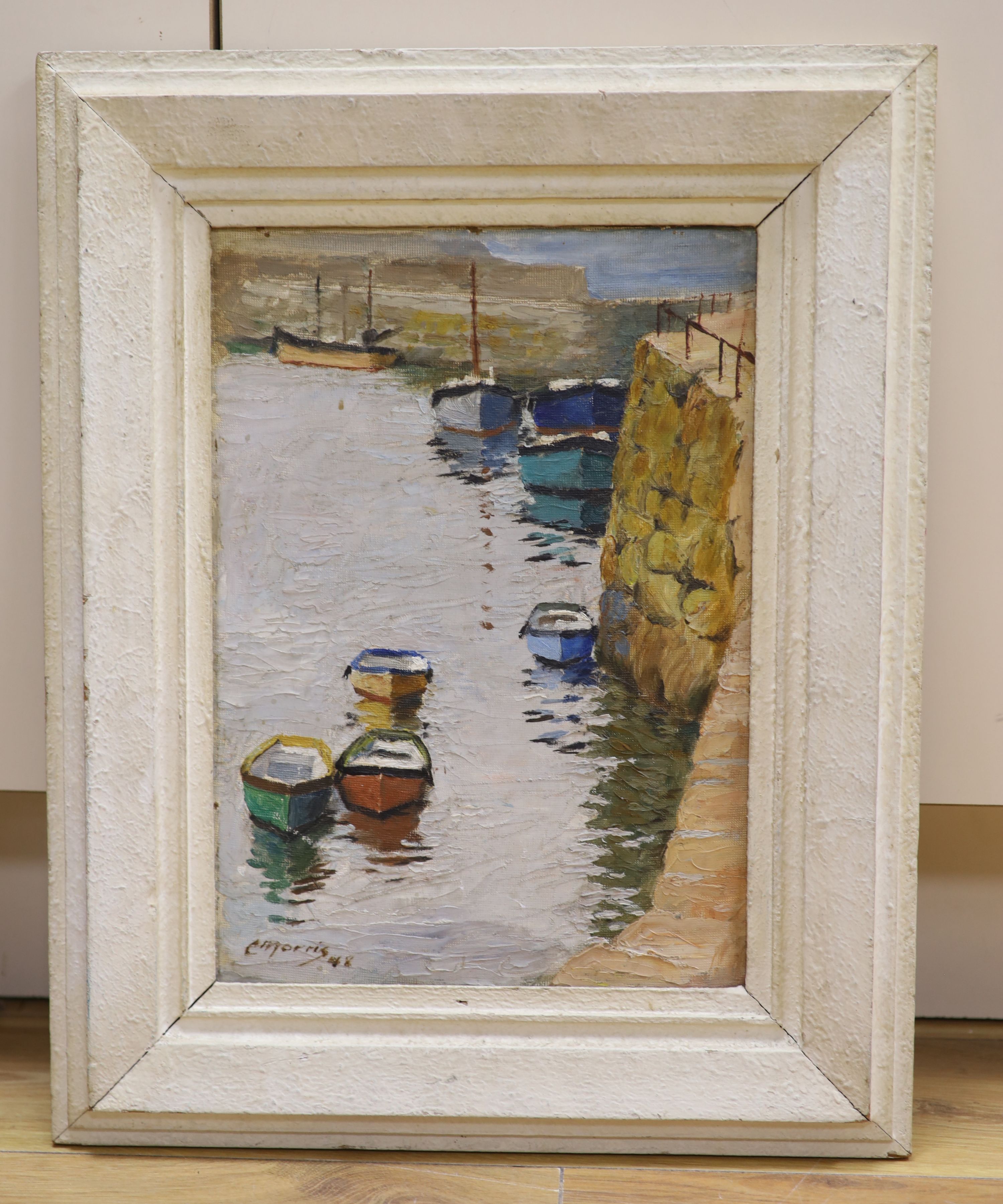 C. Morris (20th C.), oil on board, Fishing boats in harbour, signed and dated '48, 35 x 25cm
